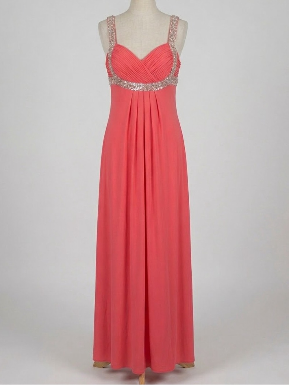 Vintage Y2K CACHÉ Coral Pink Rhinestone Beaded Empire Maxi Gown - Size 4
